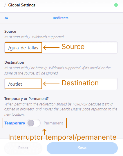 Opciones del editor de la redirección